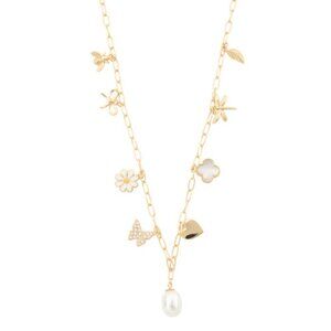 NWT$100 ARGENTO VIVO 14Kt Gold Plate Spring Charms Pearl Necklace Whimsical Boho